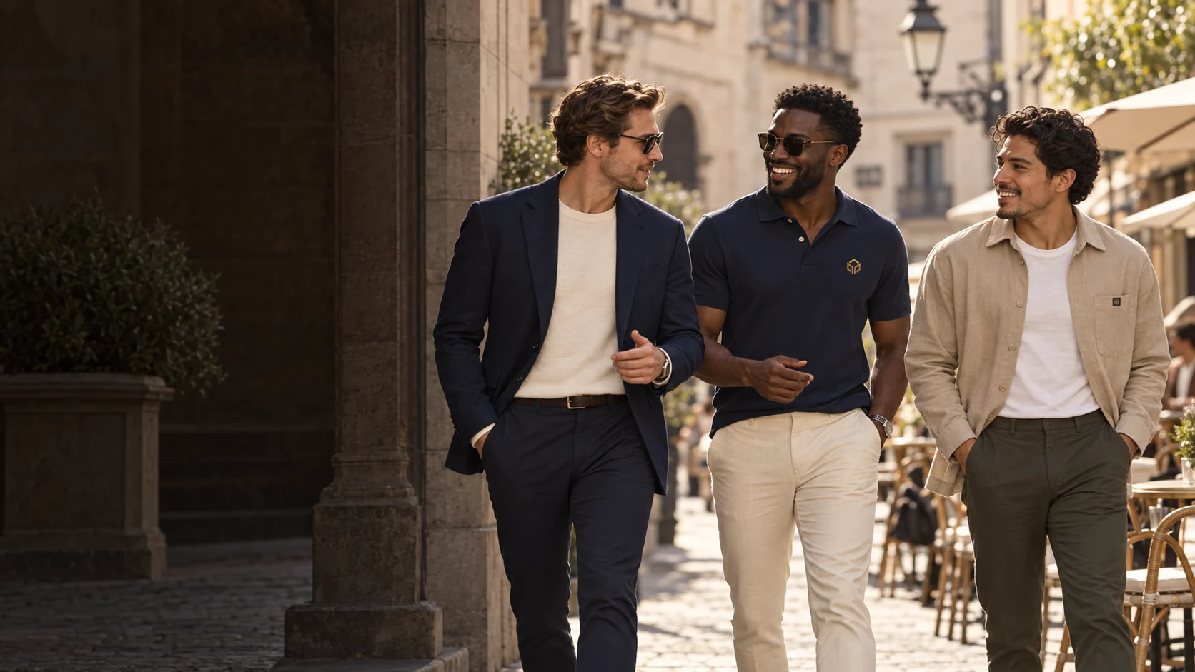 Men wearing Chinee menswear in a European city business and everyday setting