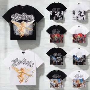 100% Cotton 250GSM Tshirt Mixed EMOTION Retro Loose T Shirt Vintage Angel Graffiti Printed Rhinestones Men’s T-shirt