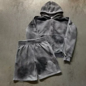 100% Cotton Acid Wash Sweat Shorts Winter Black Sprayed Tracksuit French Terry Zip-Up Hoodie Men’s Oversize Tracksuit