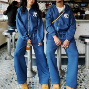 100% Cotton Custom Embroidery Patches Distressed Hoodies Jogging Acid Wash Vintage Sweatpants Set Breathable Hooded Collar