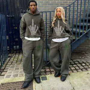 100% Cotton French Terry Hoodie Reflective Embroidery Patches Distressed Acid Wash Vintage Jogging Sweatpants Set Hooded Collar