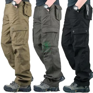 100% Cotton Men’s Casual Pants Elastic Waist Plus Size Pants Multi-pocket Baggy Cargo Pants Men