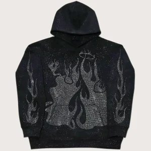 100% Cotton Men’s Rhinestone Black Hoodies Custom No Drawstring Knitted Oversized Fleece Winter