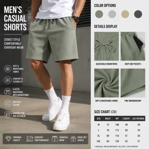 100% Cotton Men’s Sports Shorts Breathable Drawstring Running Shorts Quick Dry Oversized 3/4 Shorts for Men