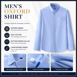 100% Cotton Oxford Chemise Homme Men’s Shirt Long Sleeve Button Down Breathable Soft OEM Custom