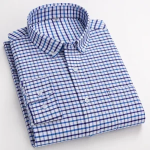 100% Cotton Oxford Long Sleeve Shirts for Men Breathable Casual Plaid Striped Black Clothes for Spring