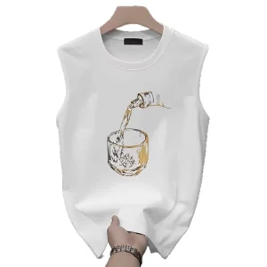 100% Cotton Sleeveless Sports Vest T-shirt Men’s Summer High Street Style O-Neck Collar Geometric Pattern Cooling Non-Iron