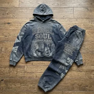 100% Cotton Terry Pullover Hoodie Oversized Vintage Sun Faded Embroidered Applique Men’s Autumn Knitted Hoodie Set