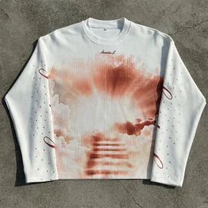 100% Cotton Waffle Boxy Cropped T Shirt Custom Graphic Printed Rhinestone T Shirts Oversize Men’s Long Sleeve Shirts