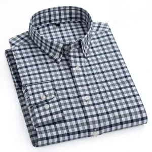 100% Cotton Yarn Dyed Breathable Anti Shrink Long Sleeve Shirts for Men Slim Fit Plaid Single Pocket Spring Soft