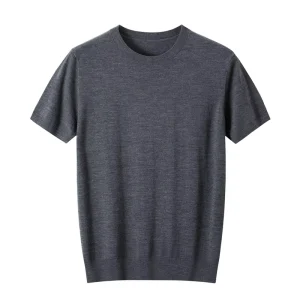 100% Wool Crew Neck Knitted Short Sleeve Top Summer Casual Men’s Solid Color Wool Knitwear