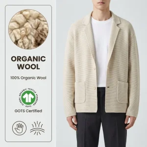 100% Wool Men’s Knitted Blazer Notch Lapel Suit Jacket Cardigan Sweater Coat With Pockets Business Casual Jumper