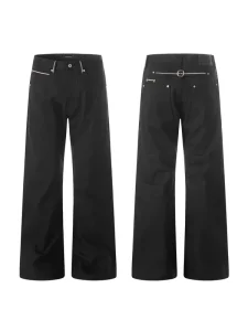 11KN Men Premium Black Denim Wide Leg Flare Jeans Custom Back Zipper Metal Buckle Streetwear Trousers Factory Direct