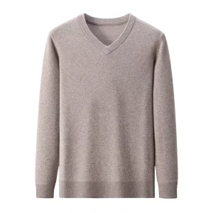 120s Superfine Merino Wool V Neck Long Sleeved Men’s Sweater Loose Pure Wool Winter Solid Knitted
