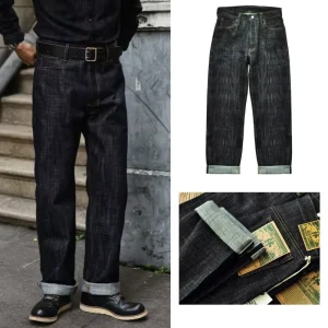 16.8 oz Slub Selvedge Denim Jeans Men Heavyweight 44 Loose Straight Jeans Men’s Vintage Raw Selvage Denim Winter