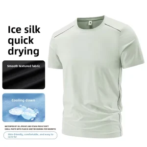 180GSM Men’s Ice Silk Quick Dry T Shirt Thin Breathable Summer Outdoor Sports Short Sleeve Crew Neck Tee