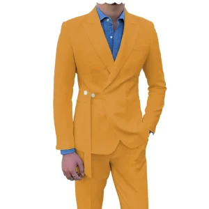 2 Piece Set Men’s Slim Fit Groom Tuxedo Casual Solid Color Waist Belt Elegant Blazer Pant