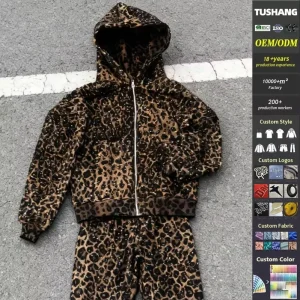 2 Pieces Heavyweight Leopard Print Zip Up Hoodie Tracksuits with Rhinestone