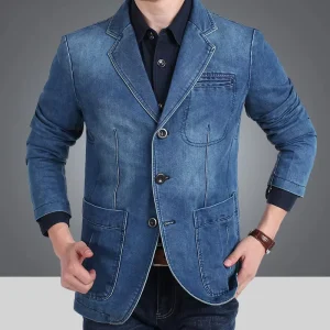 2182-RF Men’s Casual Cotton Long Sleeve Jacket Solid Color Work Office Blazer Coat Jacket Front DENIM