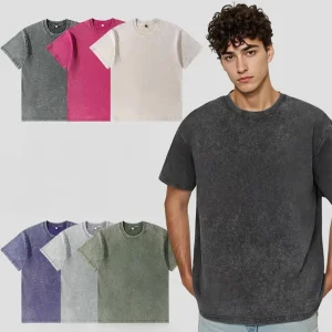 230G American Street Vintage Washed Cotton Short Sleeve Men’s Loose Youth T Shirt Heavyweight Stone Acid Washed Oversized Shirt