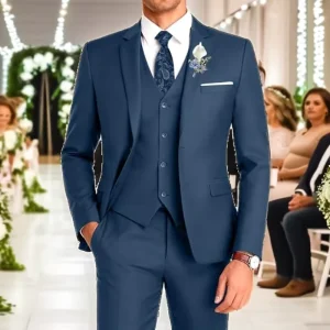 3-Piece Men’s Slim Fit Single Breasted Business Suit Solid Blazer Vest Pants Set Tie TR Prom Wedding Homecoming Lake Blue