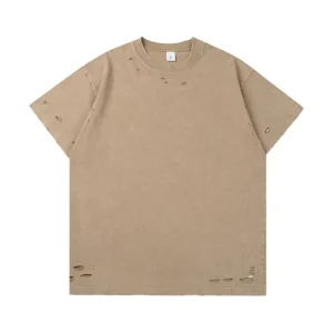 300 gram Heavy weight Stone washed Distressed Knife cut Hole Men’s T shirt Trendy Batik Loose Short sleeve