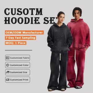 360G Heavyweight Two Piece Hoodie Set Cotton Polyester Vintage Washed Distressed Hoodie & Sweatpants Customized Tracksuit