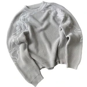 370GSM Acrylic Waffle Knitted Front Logo Breathable Soft Men’s Spring Casual Streetwear Sweater