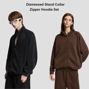 430G Casual Sporty Vintage Washed Distressed Zip Up Hoodie Sweatpants and Hoodie Set Men’s Tracksuit