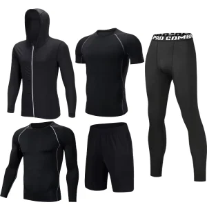 5 Piece Active Athletic Running Clothing Compression Hoodies T Shirt Shorts Leggings Quick Dry Gym Wear Fitness Sets for Men