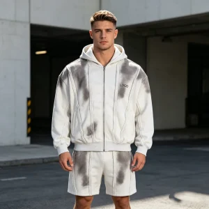 550gsm Men’s Sets Sprayed Monkey Zipper Cropped Hoodies Shorts Sets for Men Custom 100% Terry Cotton Fleece