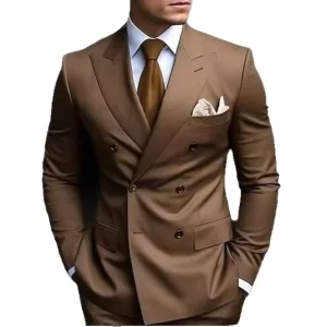 7XL Men’s 2 Piece Double Breasted Suits Slim Fit Tailored Business Formal Blazer & Pants Set Coffee Brown
