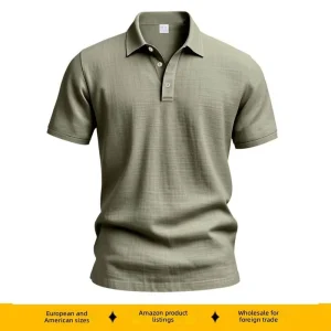 95% Linen Men’s Polo Shirt Short Sleeve Button Down Breathable Casual Slim Fit Solid Color Summer Tops for Men