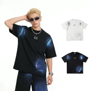 AMCLEVER in Stock Men’s Glitter Graphic T-Shirt Holographic Foil Print Oversized Drop Shoulder Streetwear Vintage Wash Tee