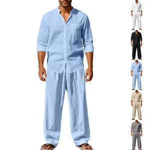 American Four Seasons Linen Men’s Casual Suit Loose Long Sleeve Pants Shirt Suit