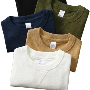 American Retro Vintage Heavy Men’s Loose Fit Slub Knitted 100% Cotton T-Shirt 180g White Short Sleeve Casual Solid Blank