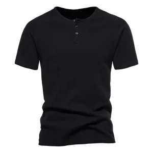 American Style Fitness T Shirt Men Button Henley Short Sleeve Sports Cotton Slim Fit Breathable Stretchy Anti Pilling Blank