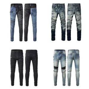 American Style Men’s Jeans Hand Worn Old Slim Fit Stretch Trendy Riding Denim Material Mid Casual Summer Solid Beggar Jeans Men