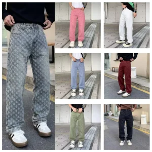 American Style Men’s Jeans Retro Loose Straight Casual Pants Autumn Denim Mid Full Printed Jacquard Jeans