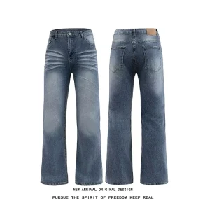 American Style Retro Casual Pleated Cat Whiskers Loose Jeans Men’s Wide Leg Straight Tube Drape Long