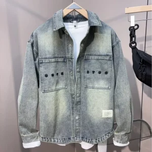 American Vintage Denim Jacket Men’s Loose Fit Spring Autumn High end Feeling Ya Shuai Chao Brand Washed Embroidery Old Lapel