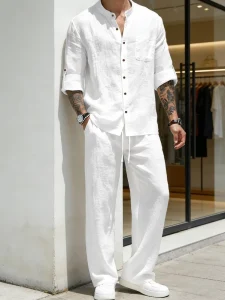 American-style Men’s Outfit Set Including Stand-collar Linen Shirt and Long Trousers for Young Adults Suitable for Spring