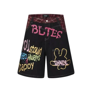 American style Retro High street Unisex Colorful Letter Print Design Men’s Loose Mid Straight leg Cropped Medium Denim Shorts