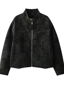 American style Tie dye PU Leather Streetwear Men’s Spring Cleanfit Stand collar Loose Fit Zipper Closure Jacket Handsome Jacket