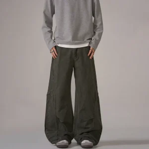 American style Vintage High end Distressed Wide leg Work Pants Men’s Loose Casual Scimitar Trousers