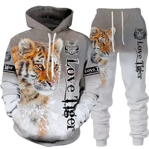 Animal 3D Tiger Printed Hoodie 2 Piece Sportswear Tracksuit Set Autumn and Winter Men’s Clothing