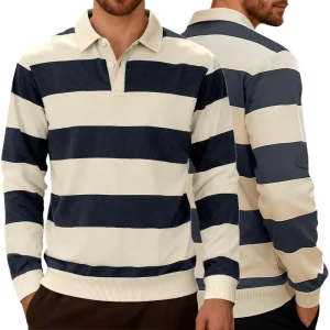 Anti-pilling Polyester Casual Knitwear Striped Contrast Color Embroidered Buckle Long Sleeve Shirt Men’s T-Shirt XL 220g Jersey