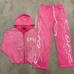 Antique Embroidered Patch Sportswear Suit Custom Made Pickling Rhinestone Jogger with Zippered Hoodie Men’s Sweatpants Set