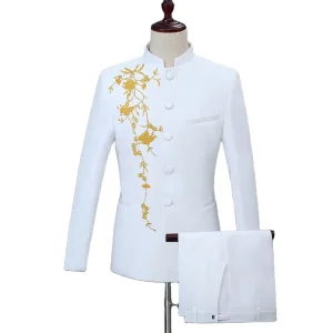 Asian Sizes Stand Collar Blazer Chinese Style Gold Embroidered Men’s Suit & Pants 2 Piece Set