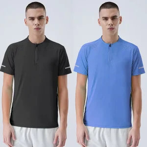 Athletic Men’s T-Shirt with Zipper Running T Shirt Dry Fit Camiseta Deportiva De Hombres Gym Tee Shirt Men Workout Sportswear